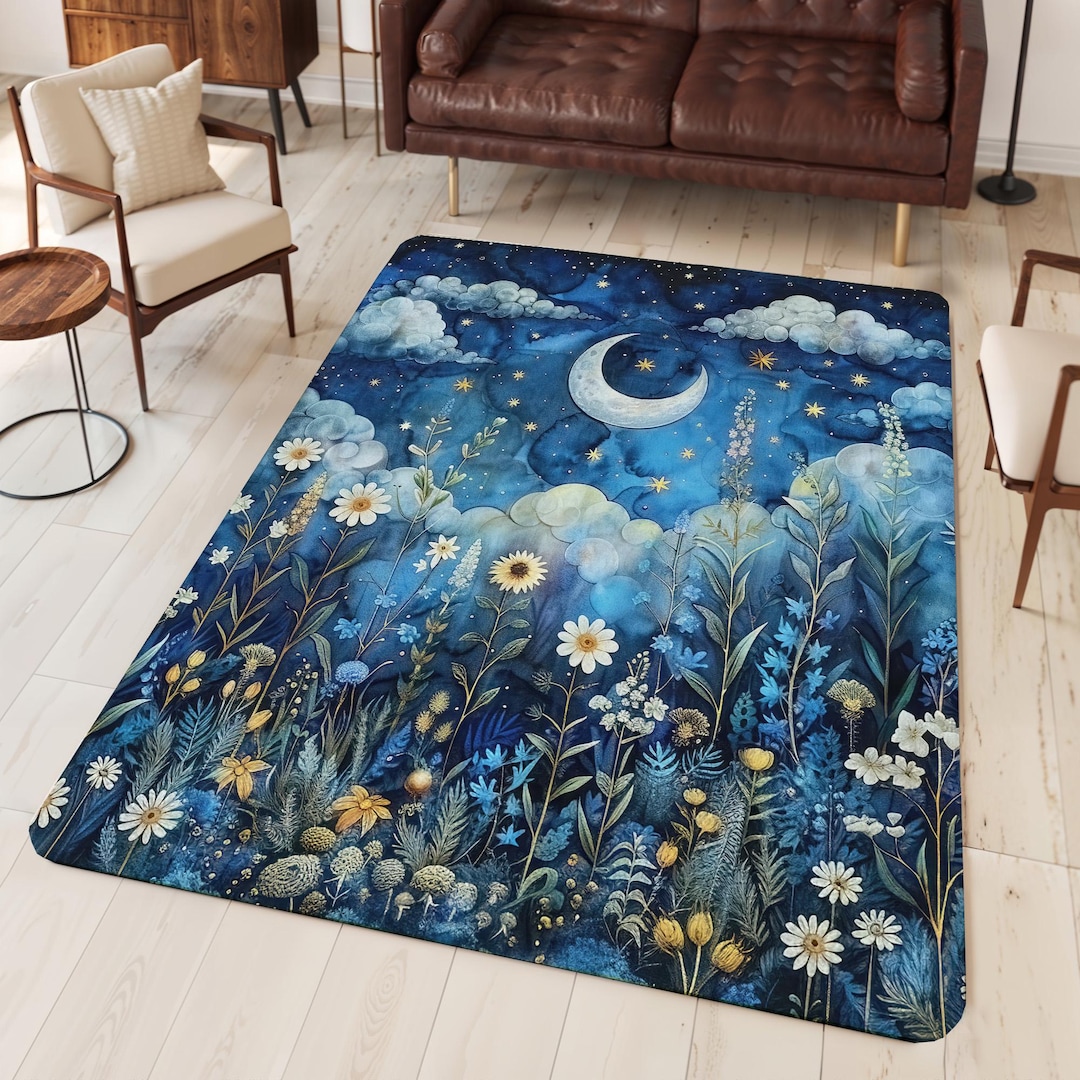 Boho Lunar Wildflower Field Area Rug Carpet, Celestial Rug, Wildflower ...