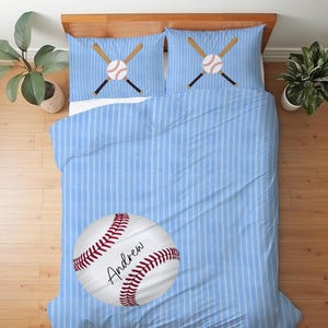 Personalized Baseball Bedding Set for Kids, Custom Name Sports Decor, Light Blue Pinstripe Comforter, Duvet Cover, or Quilted Set