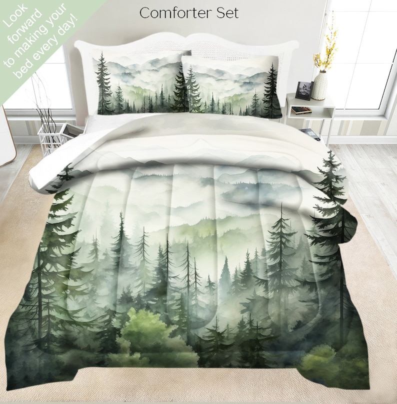 Misty Forest Mountain Bedding Set, Duvet Set, Comforter Set Or Quilt Set, Beautiful Landscape Bedding, Elegant Cabin Decor, Nature Decor