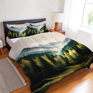 Komplet pościeli Misty Mountain Forest, wystrój naturalny Alpejski Las Sosnowy, poszwa na kołdrę, kołdra lub komplet kołder Cabin Cottage