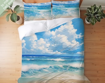 Serene Ocean Beach Bedding Set, Duvet Set, Comforter Set Or Quilt Set, Beautiful Ocean Bedding, Elegant Beach House Decor,  Waves Clouds