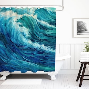 Tenda da doccia con onde oceaniche, tenda da doccia di lusso con pesi, decorazione per bagno con motivo oceano, decorazione per bagno con motivo spiaggia, regalo per gli amanti dell&#39;oceano, decorazione costiera