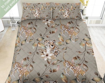 Jungle Cheetah Botanical Bedding Set, Duvet Set, Comforter Set Or Quilt Set, Beautiful Neutral Tropical Bedding, Nature Decor, Tan Green