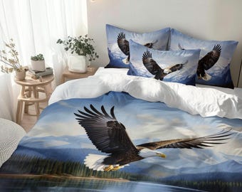 Bald Eagle Bedding Set, Mountain Lake Wildlife Decor, Gift for Eagle Lovers, Rustic Cabin Soaring Eagle Duvet Cover, Comforter or Quilt Set