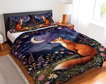 Enchanted Fox Moon Bedding Set, Celestial Woodland Forest Decor, Whimsical Night Sky Meadow Flowers Duvet Cover, Comforter or Quilt Set
