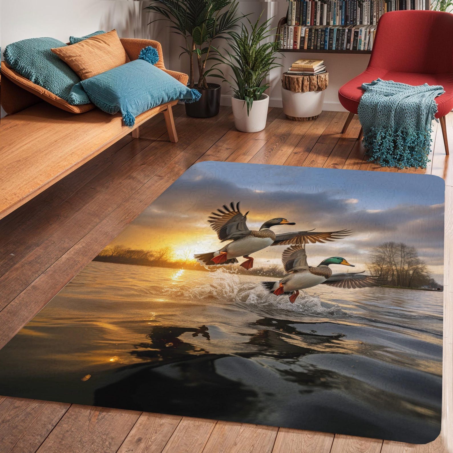 Mallard Duck Sunset Flight Area Rug, Wildlife Nature Floor Art, Lake ...