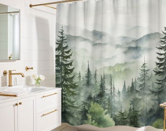 Misty Forest Mountain Shower Curtain, Forest Bathroom Decor, Interior Design Luxury Water Resistant Weighted Fabric Shower Curtain