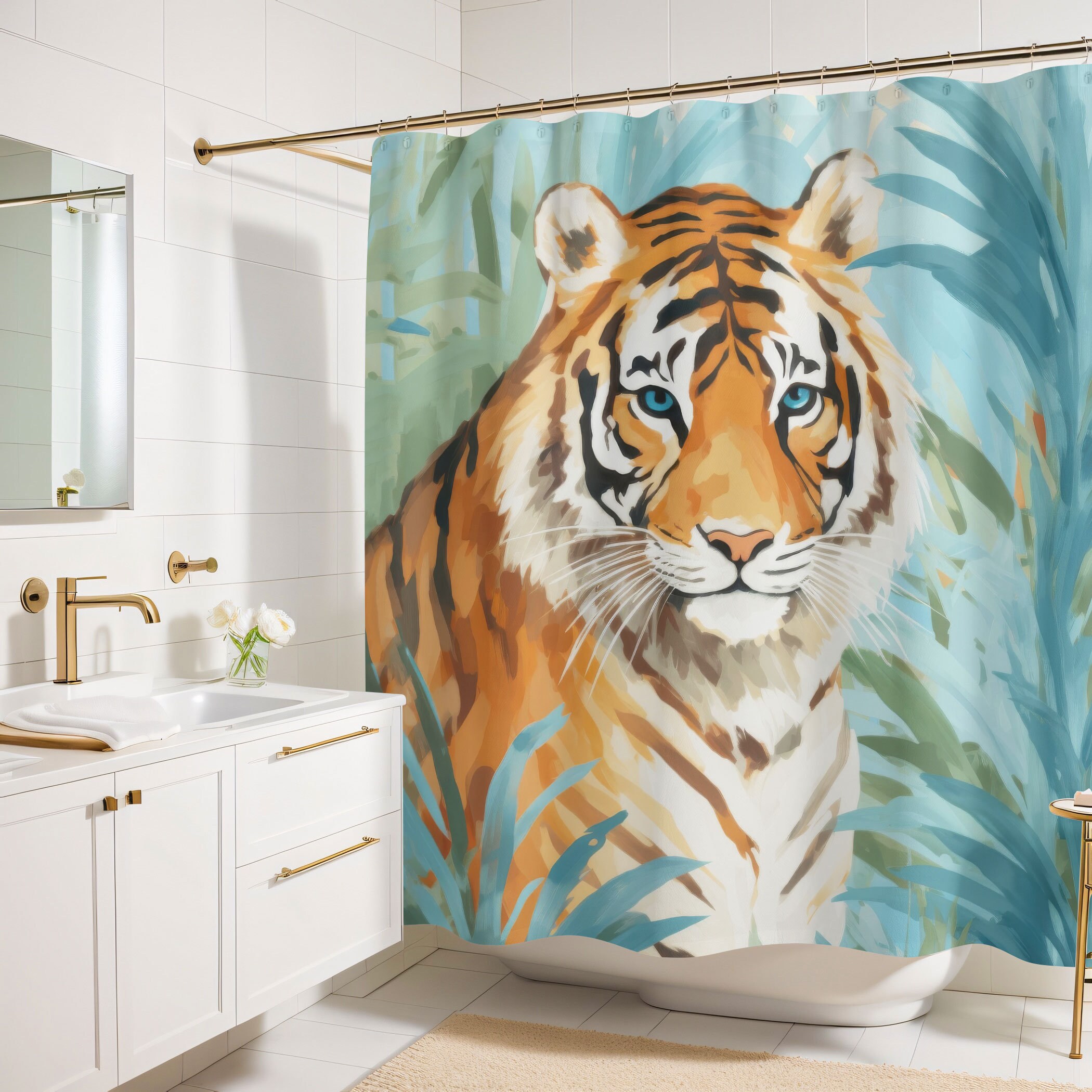 Tiger Duschvorhang 178x178 Cm – Cooles Wildtier-Design, Mit 12 Haken, Schwarzbraun, Polyester