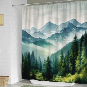 Rideau de douche en pins des montagnes robustes, décoration de salle de bain en forêt, rideau de douche en tissu lesté résistant à l&#39;eau montagne brumeuse