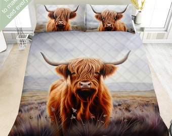 Highland Cow-beddengoedset, dekbedset, dekbedset of quiltset, Highland Cow Art, Highland Cow Decor, boerderijbeddengoed