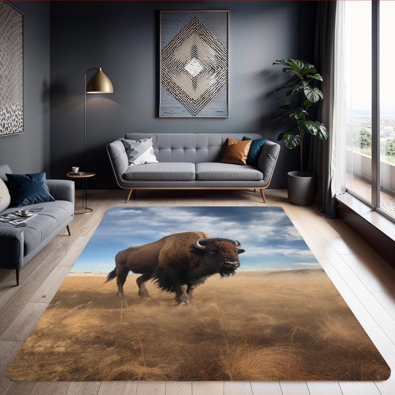 Fake Buffalo Rug Majestic Bison Area Rug, American Buffalo Prairie Western Decor, Rustic ...