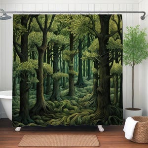 Mystical Enchanted Forest Shower Curtain, Forest Bathroom Decor, Interior Design Luxury Water Resistant Weighted Fabric Shower Curtain