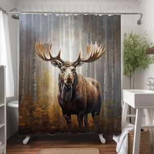 Elch Duschvorhang, Wald Badezimmer Dekor, gewichteter Luxus Duschvorhang, Natur Badezimmer Dekor, Elch-Liebhaber Geschenk, Wildlife North Woods