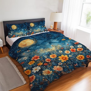 Boho Magical Moon & Wildflower Bedding Set, Celestial Starry Night Meadow Decor, Moonlit Dreamy Field Duvet Cover, Comforter or Quilt Set