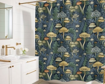 Floral Mushroom Shower Curtain, Mushroom Bathroom Decor, Interior Design Luxury Weighted Fabric Shower Curtain, Traditional Cottage