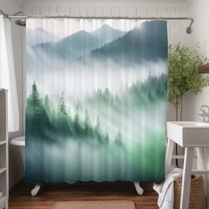 Rideau de douche forêt brumeuse montagne, décoration de salle de bain forêt, rideau de douche de luxe en tissu lesté résistant à l&#39;eau design d&#39;intérieur
