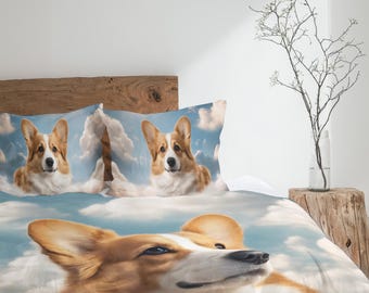 Zestaw pościeli z walijskim corgi, wystrój z walijskim corgi, prezent dla miłośnika corgi, poszewka na kołdrę, kołdra lub komplet kołder