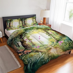 Verzauberter Wald Aquarell Kunst-Bettwäsche-Set, märchenhaftes magisches Dekor, wunderlicher Waldbettbezug, Tröster oder Quilt-Set