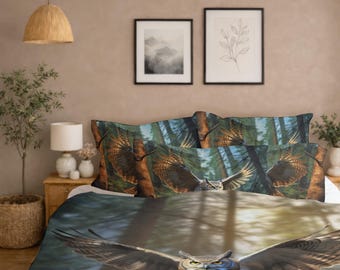 Majestätische Uhu Bettwäsche-Set, Waldflug Wildtier-Dekor, Geschenk für Eulen-Liebhaber, rustikale Kabine Bettbezug, Tröster oder Quilt-Set