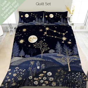 Set di biancheria da letto con segno zodiacale Gemelli, foresta e prato, set copripiumino, set copripiumino o trapunta, decorazioni astrologiche, luna, stelle e cielo, decorazioni naturalistiche