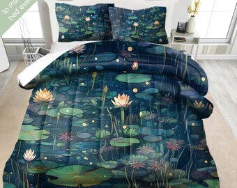 Water Lilies Watercolor Art Bedding Set, Duvet Set, Comforter Set Or Quilt Set, Lake Bedding, Elegant Nature Decor, Water Lilies Decor