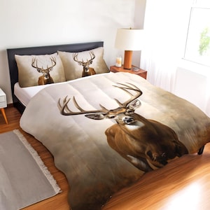 Majestic Buck Deer Bettwäsche-Set, rustikale Cottage & Cabin Forest Decor, White Tail Deer Geschenk Bettbezug, Tröster oder Quilt-Set