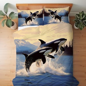 Orca Killer Whale Bedding Set, Coastal Mountain Landscape Decor, Gift for Orca Lover Duvet Cover or Comforter Set