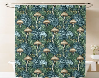 Floral Mushroom Shower Curtain, Mushroom Bathroom Decor, Interior Design Luxury Weighted Fabric Shower Curtain, Traditional Cottage