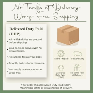 The image is a promotional graphic for a service called "No Tariffs at Delivery" (DDP). It features a cardboard box and text explaining the benefits of DDP, such as no duties paid, no surprise fees, and fast delivery.