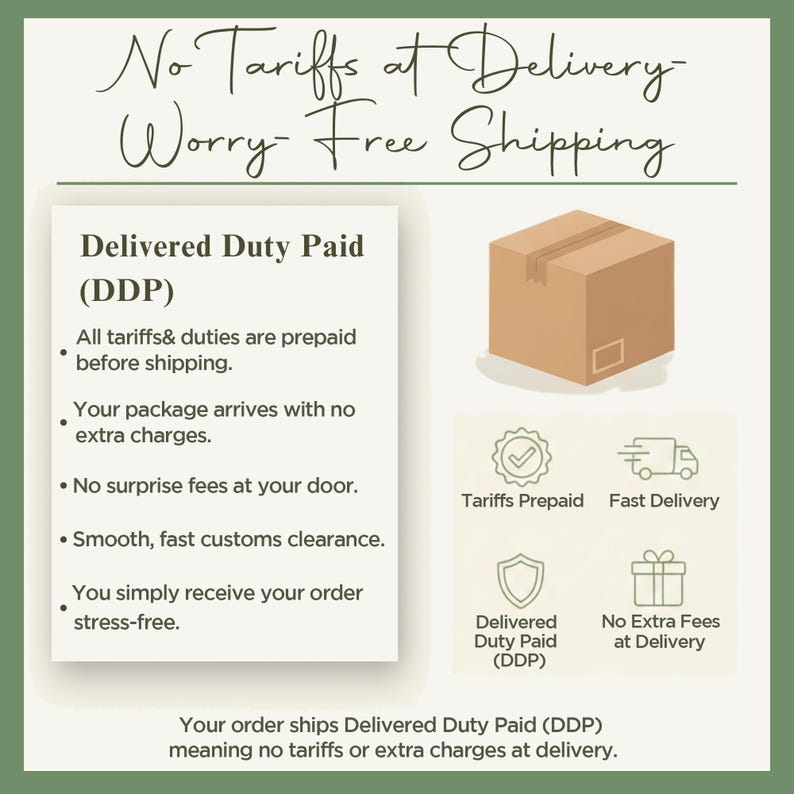 The image is a promotional graphic for a service called "No Tariffs at Delivery" (DDP). It features a cardboard box and text explaining the benefits of DDP, such as no duties paid, no surprise fees, and fast delivery.