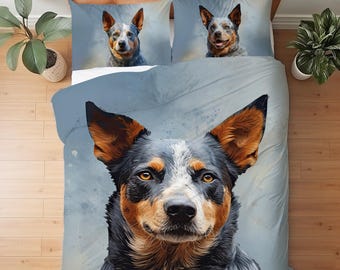 Ensemble de literie pour bouvier australien, décoration Blue Heeler, cadeau Kelpie Blue Heeler, disponible en housse de couette, édredon ou ensemble de couette