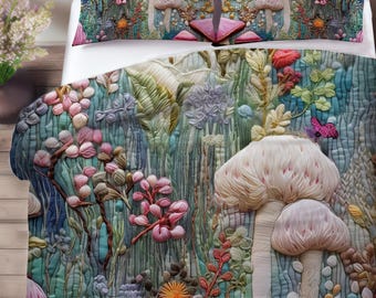 Enchanting Mushroom Bedding Set, Duvet Set, Comforter Set Or Quilt Set, Embroidery Effect NOT Embroidered, Mushroom Decor Bedding Cottage