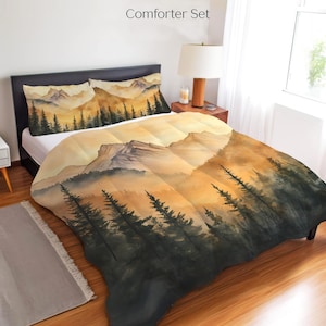 Vintage Misty Forest Mountain Bedding Set, Duvet Set, Comforter Set Or Quilt Set, Landscape Bedding Elegant Cabin Decor Pine Trees Nature