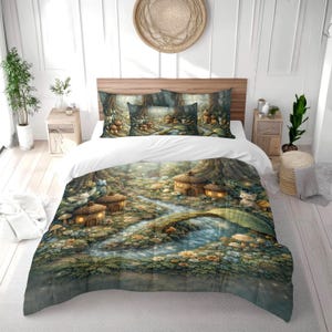 May include: A duvet cover set featuring a whimsical forest scene with mushroom-shaped houses, a flowing stream, and a small bridge. The bedding set includes two pillowcases and a duvet cover, all with a detailed, colorful illustration.
