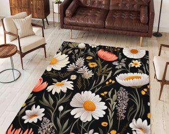 Boho Cottagecore Black Floral Area Rug Carpet, Beautiful Flower Rug, Fun Decor, Nature Decor, Botanical Daisy Tulip Floor Covering Farmhouse