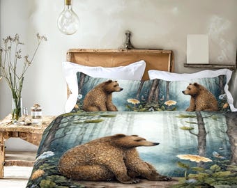 Whimsical Woodland Bear Bedding Set, Rustic Forest Comforter, Duvet Cover or Quilted Set, Fairytale Cozy Nature Wildlife Bedroom Decor