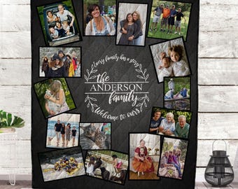 Vintage zwarte fotoquilt, aangepaste fotoquilt familienaam, gepersonaliseerd familieverhaal herinneringsdeken, decor boerderij muurkunst
