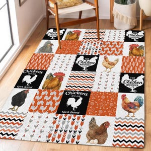Rustic Chicken Whisperer Area Rug, Farmhouse Patchwork Rooster Decor, Cottagecore Country Kitchen Floor Rug