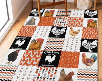 Rustic Chicken Whisperer Area Rug, Farmhouse Patchwork Rooster Decor, Cottagecore Country Kitchen Floor Rug