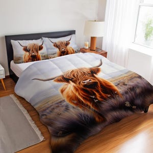 Rustic Highland Cow Bedding Set, Highland Cow Art Decor, Farmhouse Cottage Duvet Cover, Comforter or Quilt Set Comforter Set