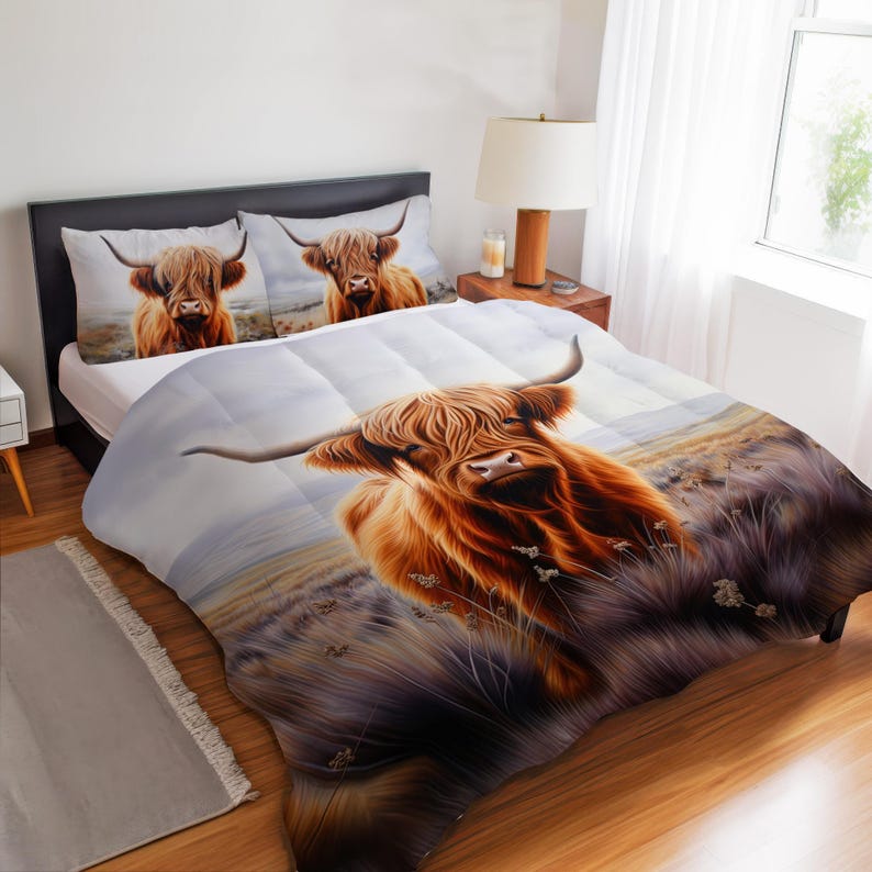Rustic Highland Cow Bedding Set, Highland Cow Art Decor, Farmhouse Cottage Duvet Cover, Comforter or Quilt Set Comforter Set