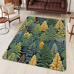 Evergreen Forest Area Rug, Faux Embroidery Print Nature Cabin Decor, Low Profile Pine Tree Floor Carpet