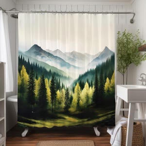 Rideau de douche majestueux pins des montagnes, décoration de salle de bain forêt, rideau de douche en tissu lesté résistant à l&#39;eau montagne brumeuse