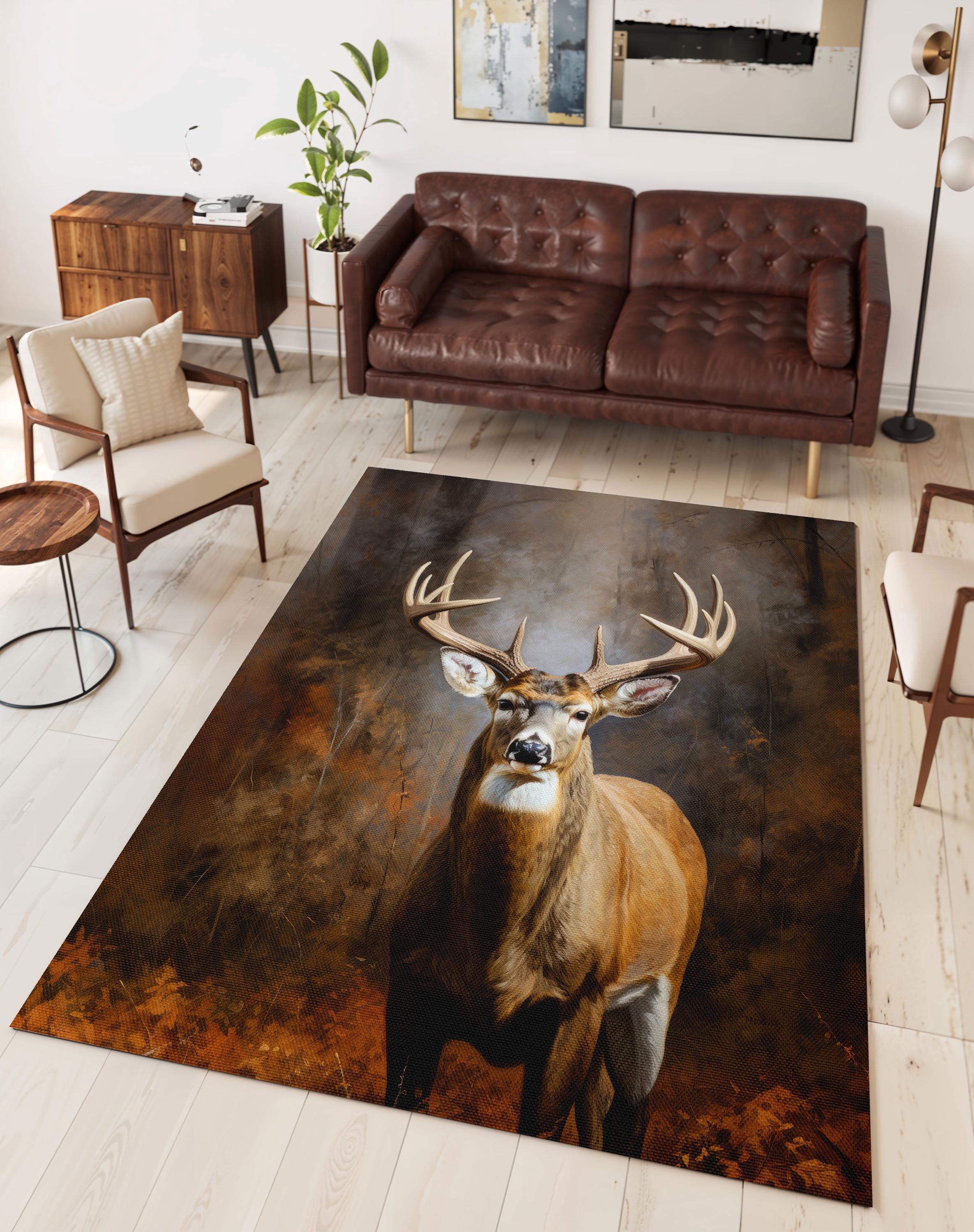 Majestic Buck Deer Area Rug, Rustic Woodland Lodge Cabin Decor