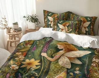Whimsical Forest Fairy Bedding Set, Botanical Cottagecore Comforter, Duvet Cover or Quilted Set – Enchanted Garden Fantasy Bedroom Décor