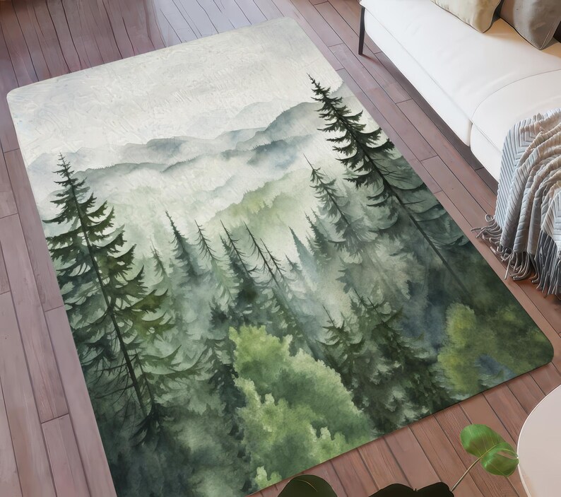 Misty Mountain Forest Area Rug, Foggy Mountain Pine Tree Cabin Decor ...