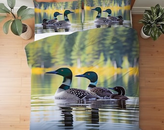 Peaceful Loon Family Bedding Set, Northwoods Lake House & Cabin Decor, Duvet Cover, Comforter or Quilt Set