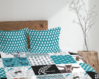 Whimsical Goat Lover Patchwork Bedding Set, Funny Farmhouse Cottage Decor, Gift for Goat Lover Duvet Cover, Comforter or Quilt Set