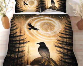 Ensemble de literie corbeau des bois rustique, édredon corbeau folk nordique, housse de couette ou ensemble de couette, cabane d'oiseaux de la forêt mystique Lodge Nature décoration folklorique