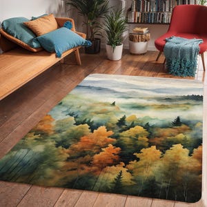 Alfombra con acuarela de bosque otoñal, alfombra plana con paisaje otoñal brumoso, decoración rústica de cabaña con bosque de pinos